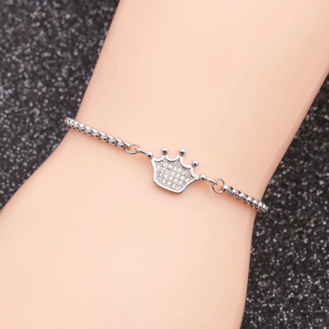 Crown Charm Bracelet Stainless Steel Micro Inlaid Zirconia Adjustable Slider Chain Elegant Jewelry For Women