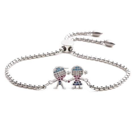Stainless Steel Adjustable Bracelet With Boy Girl Family Charms Zircon Inlay Fashion Jewelry For Women