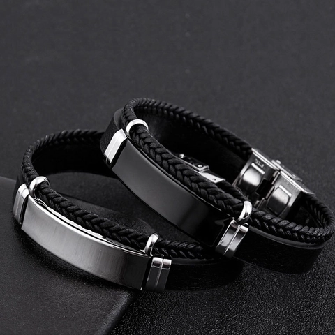 Men Double Layer Woven Leather Bracelet With Stainless Steel Plate Punk Hip Hop Style Fashion Wristband Accessory