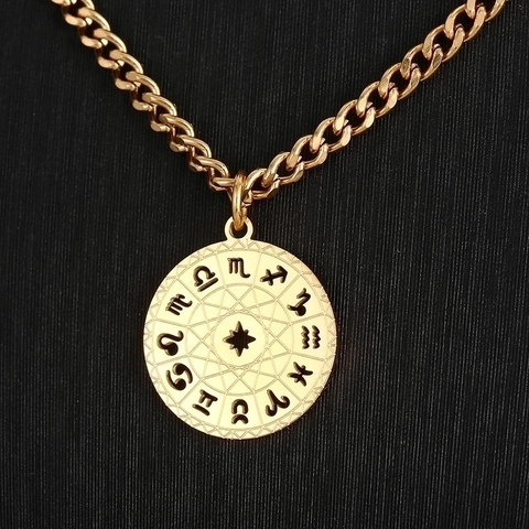 Layered Stainless Steel Necklace With Zodiac Signs Pendant Vintage Cuban Chain For Women