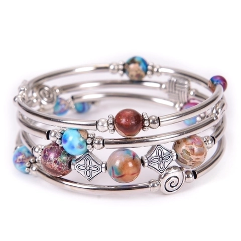 Boheemse Gelaagde Wikkelarmband Kralen Van Natuursteen Zilverkleurig Metaal Vintage Etnische Armring Sieraden Voor Dames