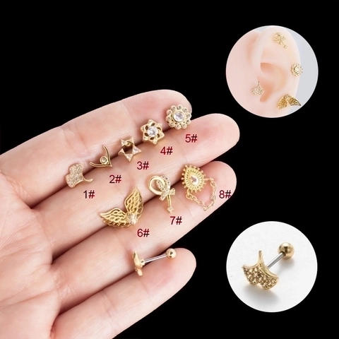 Flower Star Heart Stud Earrings Stainless Steel Zircon Cartilage Piercing Jewelry With Double Screw Ball Back