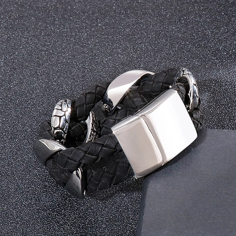Bracciale Da Uomo In Pelle Intrecciata Con Chiusura In Acciaio Inossidabile 316L Texture A Scaglie Punk Retro