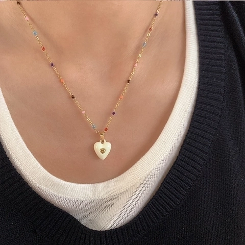 Collar Con Colgante De Corazón Retro Francés Y Pendientes De Aro Acero De Titanio Esmalte Colorido Joyería Para Mujeres Estilo Dulce