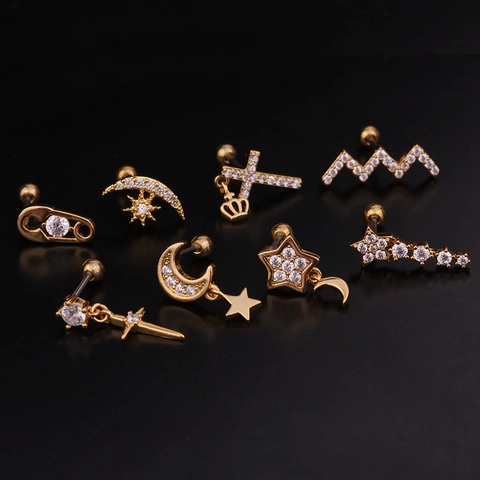 Pendientes De Piercing Para Cartílago Poste De Acero Inoxidable Con Colgante De Circón Estrella Luna Cruz Cierre De Rosca Joyas