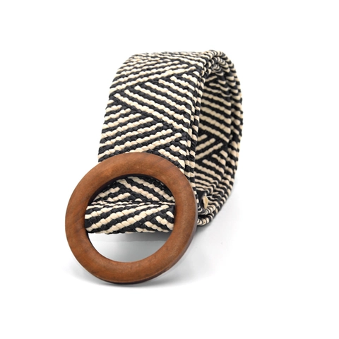 Cintura Intrecciata Donna Paglia Elastica Con Fibbia Rotonda In Legno Stile Boho Casual Per Abiti
