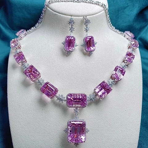 Elegant Bridal Pink Rhinestone Hexagram Necklace And Earrings And Ring Copper Wedding Jewelry Collection For Women Luxury Accessory
