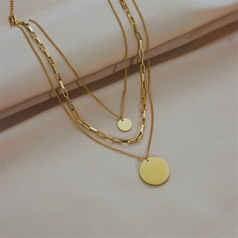 Multi Layer Necklace 18K Gold Plated Stainless Steel Round Disc Pendant Paperclip Link Chain For Women Jewelry