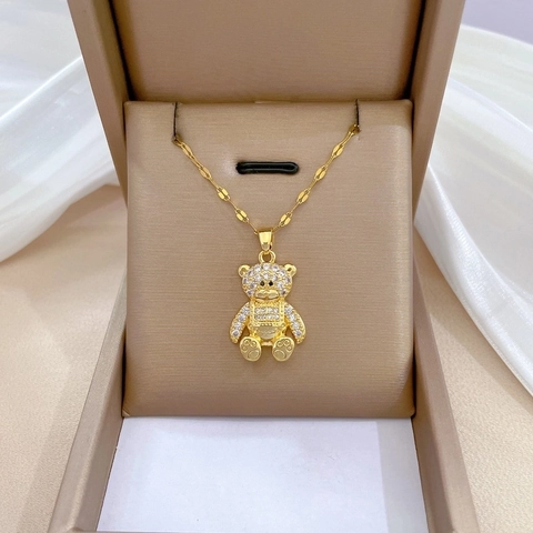 Collier Avec Pendentif Ours En Peluche Plaqué Or Chaîne En Acier Inoxydable Cuivre Zircon Strass Bijoux De Luxe Pour Femmes
