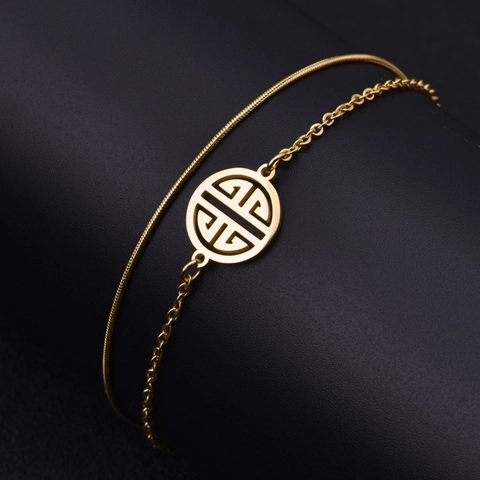 Bracelet Multicouche Acier Inoxydable Plaqué Or Chaîne Serpent Maillon Pendentif Rond Ajouré Symbole Traditionnel Femme
