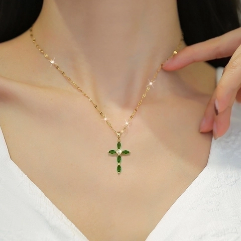 Marquise Cubic Zirconia Cross Pendant Necklace Titanium Stainless Steel Chain Copper Micro Inlaid Elegant Jewelry