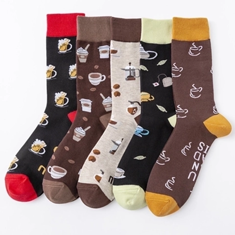 Novelty Crew Socks Cotton Blend Funny Quote Coffee Beer Print Breathable Casual Mid Calf Hosiery For Men Women