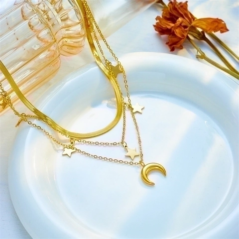 Multi-Layer Pendant Necklace Titanium Steel Stacked Star Moon Charms Snake Bone Chain Fashion Retro Bohemian For Women