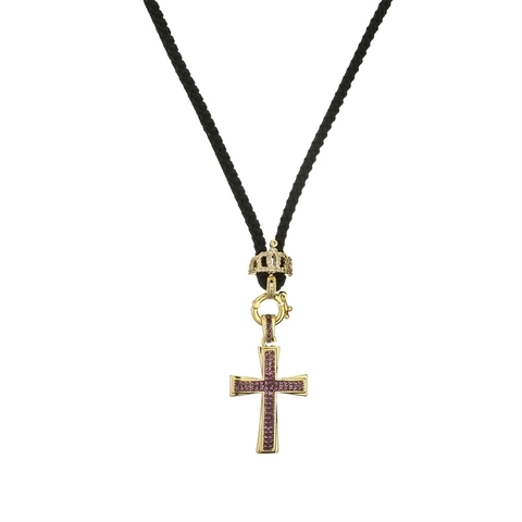 Collana con Ciondolo a Croce in Rame Placcato Oro Con Zirconia Colorata Micro Pave Catena a Corda Nera Regolabile Gioielli