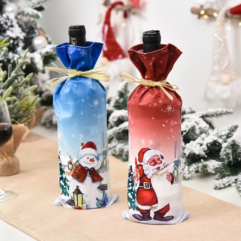 Christmas Wine Bottle Cover Cartoon Santa Snowman Reindeer Printed Fabric Bottle Bag Gold Ribbon Holiday Table Decoration