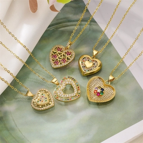 Heart Pendant Necklace Copper Micro Pave Colorful Cubic Zirconia Gold Plated Romantic Jewelry For Women
