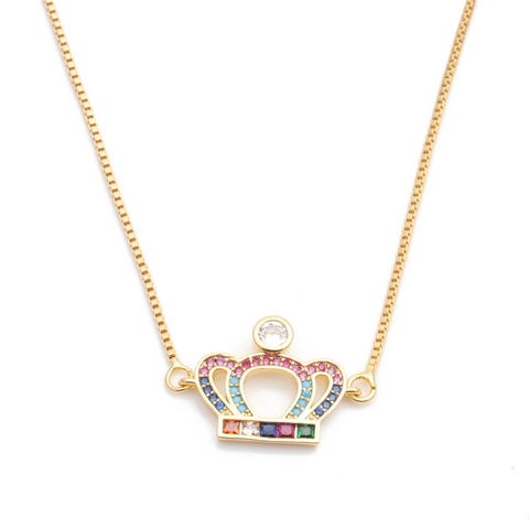 Collana Con Ciondolo A Corona In Rame Con Zirconi Colorati Micro Pavé Catena Veneziana Gioiello Elegante Donna
