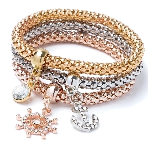 Women Tricolor Popcorn Mesh Chain Bracelets Alloy Rhinestone Heart Butterfly Tree Of Life Elastic Charm Jewelry