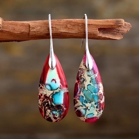 Bohemian Emperor Stone Teardrop Dangle Earrings Natural Sea Sediment Jasper Alloy Hook Jewelry Ethnic Vintage For Women