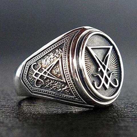 Men Signet Ring Sigil Of Lucifer Antique Silver Tone Alloy Gothic Biker Punk Occult Jewelry Accessory