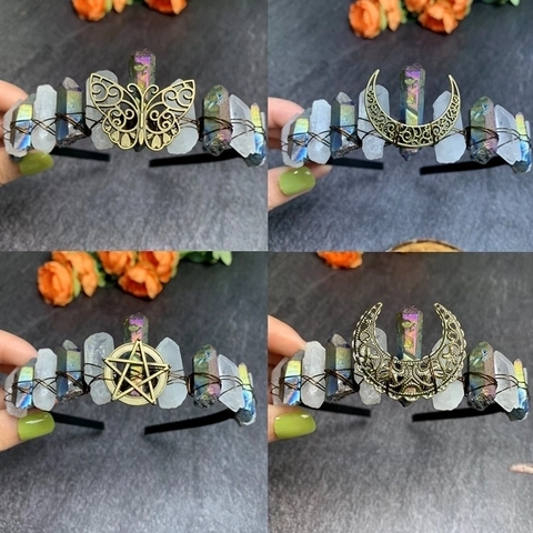 Handgefertigte Naturrohe Bergkristall Regenbogen Aura Kristall Krone Stirnband Mond Schmetterling Biene Braut Tiara Haar-Accessoires