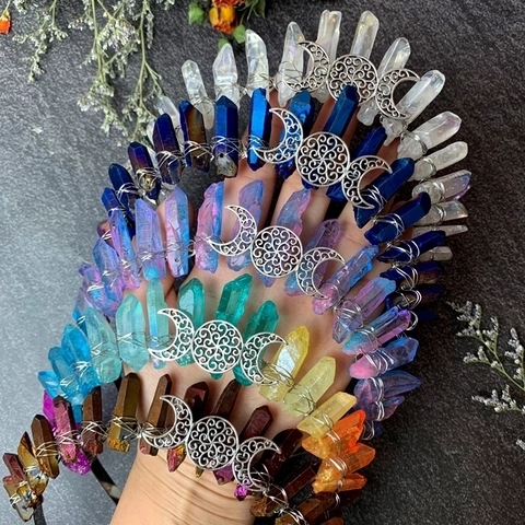 Natural Crystal Crown Tiara Raw Stone Wire Wrapped Triple Moon Headband For Women Bohemian Party Festival Hair Accessory