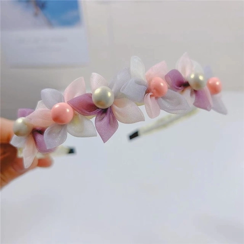 Baby Girls Elastic Flower Headbands Chiffon Mesh Floral Hair Bands With Faux Artificial Pearl Soft Fabric For Infants Toddlers