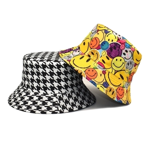 Vissershoed Met Houndstooth Patroon En Happy Face Print Katoen Polyester Zonbescherming Brede Rand Outdoor Hoed