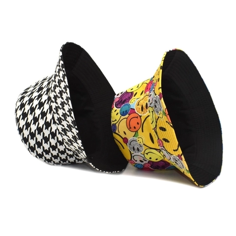 Vissershoed Met Houndstooth Patroon En Happy Face Print Katoen Polyester Zonbescherming Brede Rand Outdoor Hoed