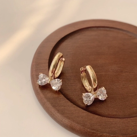 Pendientes De Aro Con Lazo Cobre Chapado Circonita Forma Corazón Brillante Dulce Joyería Para Mujer Regalo