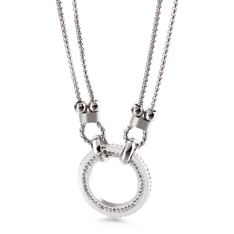 Women Stainless Steel Double Layer Necklace Geometric Round Oval Pendant Inlaid Rhinestone Minimalist Fashion Jewelry
