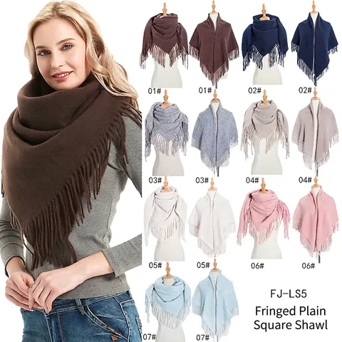Winter Polyester Brushed Tassel Scarf For Women Men Solid Color Warm Large Square Wrap Shawl Elegant Daily Scarf