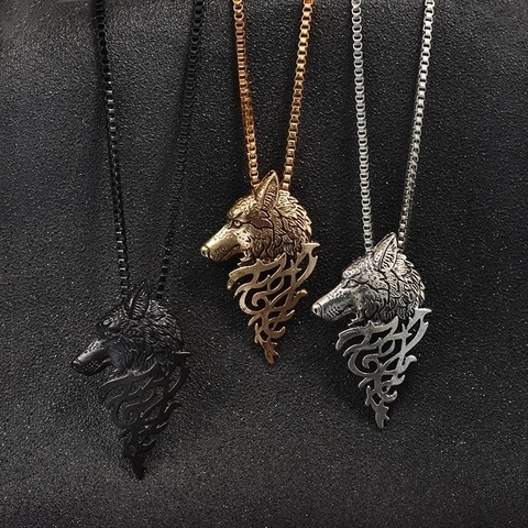 Wolfskopf Anhänger Halskette Vintage Legierung Tribal Wikinger Stil Tierschmuck Für Männer Mit Verstellbarer Boxkette