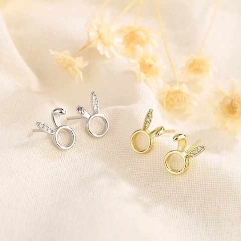 Cute Rabbit Stud Earrings For Women Copper With Cubic Zirconia And 925 Sterling Silver Earring Post Animal Jewelry