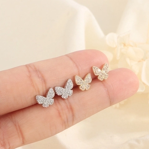 Tiny Butterfly Stud Earrings Copper Cubic Zirconia Inlaid Exquisite Shinning Fairy Style Jewelry For Women