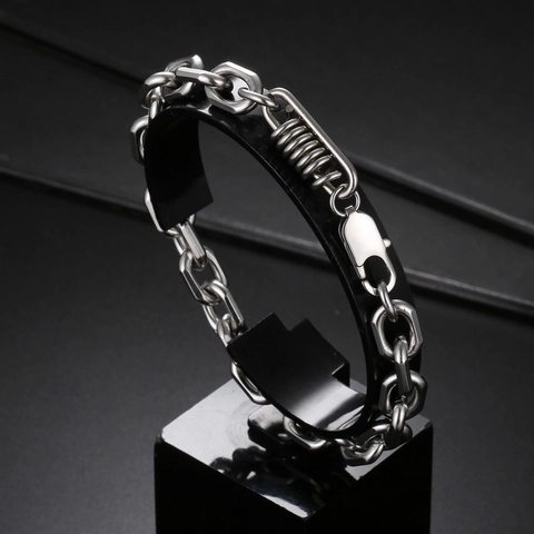 Punk Industrial Edelstahl Armband Für Herren Sechskant Gliederkette Schmuck Mit Federdeko Geometrisches Armband Geschenk