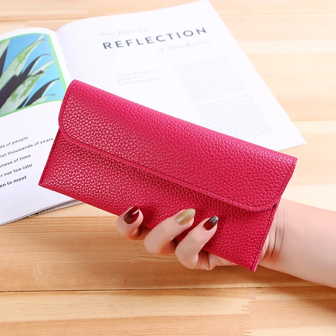 Women Long Wallet PU Leather Litchi Pattern Large Capacity Phone Holder Envelope Clutch Bag Solid Color Soft Slim