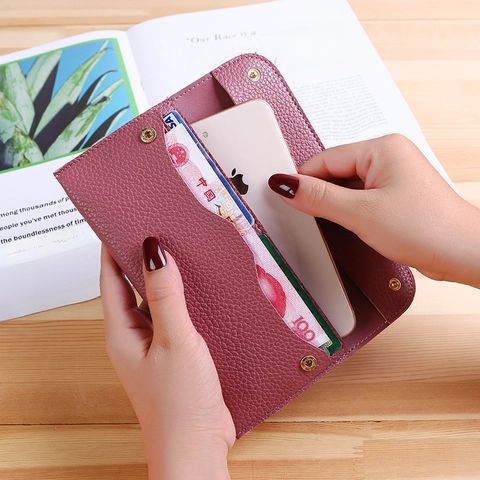 Women Long Wallet PU Leather Litchi Pattern Large Capacity Phone Holder Envelope Clutch Bag Solid Color Soft Slim