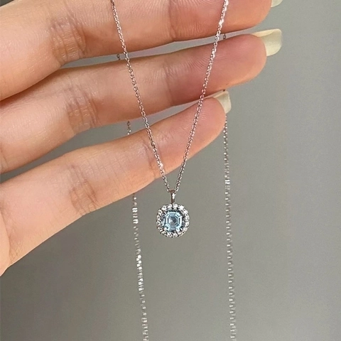 Μενταγιόν Με Τετράγωνο Μαξιλάρι Aquamarine Κολιέ 925 Sterling Silver Halo Zircon Κοσμήματα Για Γυναίκες Κομψή Αλυσίδα Κλείδας
