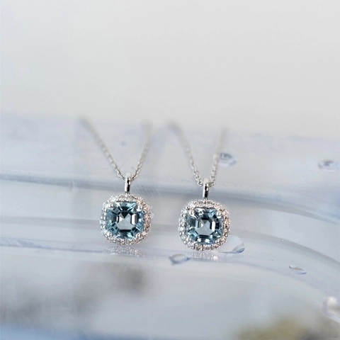 Μενταγιόν Με Τετράγωνο Μαξιλάρι Aquamarine Κολιέ 925 Sterling Silver Halo Zircon Κοσμήματα Για Γυναίκες Κομψή Αλυσίδα Κλείδας