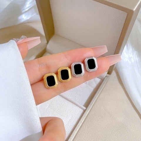 Geometric Titanium Steel Stud Earrings Square Black Inlay Retro Minimalist Fashion Accessories For Women Men