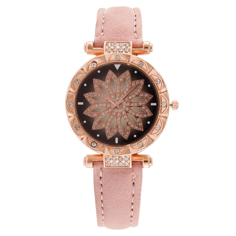 Fashion Women Quartz Watch With Alloy Case Leather Strap Rhinestone Flower Dial Starry Sky Elegant Wristwatch
