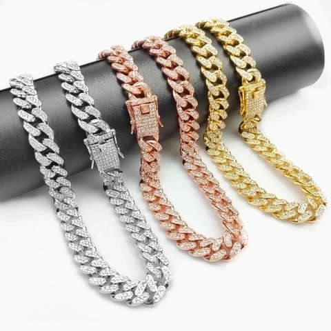 Hip Hop Cuban Link Chain Necklace Alloy Iced Out Rhinestone Streetwear Jewelry For Men Unisex Luxury Glistening