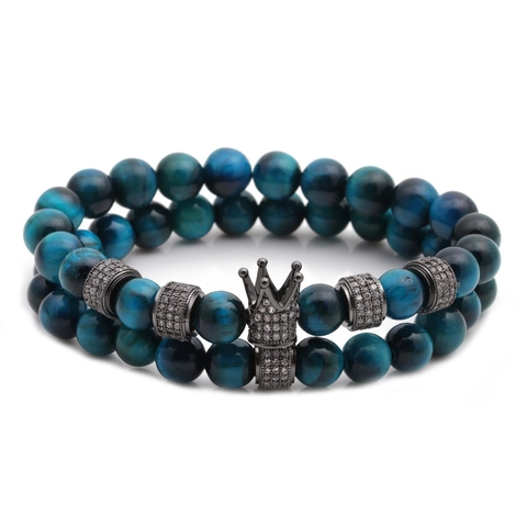 Bracciali Con Perline In Pietra Naturale Occhio Di Tigre E Ciondolo A Corona In Zircone Per Uomo E Donna Gioielli
