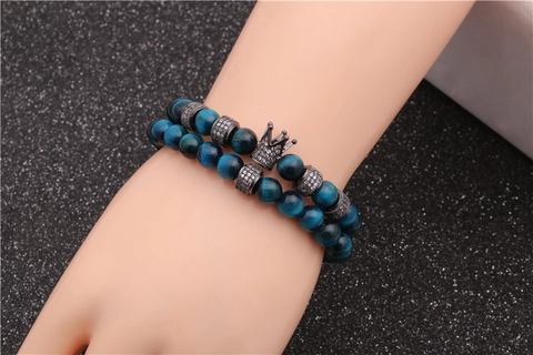 Bracciali Con Perline In Pietra Naturale Occhio Di Tigre E Ciondolo A Corona In Zircone Per Uomo E Donna Gioielli