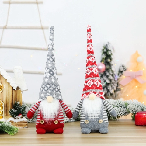 Gnomo di Natale Nordico Bambola di Peluche Cappello Lungo a Maglia Motivo a Fiocco di Neve Vecchio della Foresta Ornamento