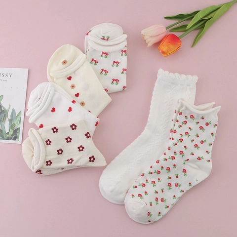 Women Mid-Calf Cotton Socks Sweet Heart Floral Pattern Ruffle Cuff Breathable Summer Fashion Crew Socks