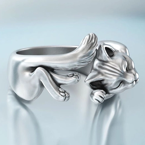 Verstellbarer Katzen Ring Kupfer Versilbert Vintage 3D Tier Design Offener Ring Statement Schmuck Für Damen
