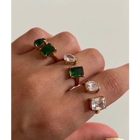Open Ringen 18K Verguld Titaniumstaal Groen Wit Vierkant Waterdruppel Zirkoon Verstelbaar Retro Sieraden Voor Dames