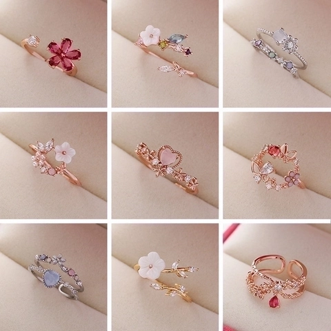 Bague Réglable Ouverte Fleur Papillon Cœur Cuivre Avec Zircon Et Coquille Doux Élégant Tendance Bijoux Pour Femme